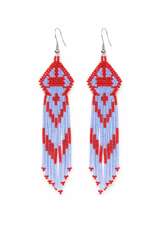 Handmade Beaded Fringe Earrings – Red & Light Blue Czech Seed Beads, 4 Inch Long Turtle Earrings, Lightweight Boho