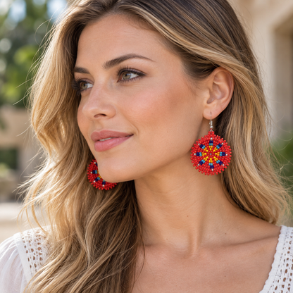 Handmade Red Multicolor Beaded Round Earrings with Suede Leather Back – 2 Inch