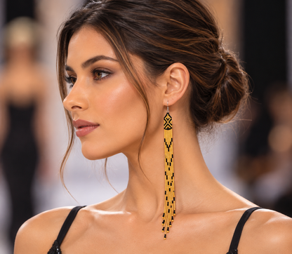 Long Gold & Black Beaded Fringe Earrings – Geometric, 8-Inch Statement Dangles