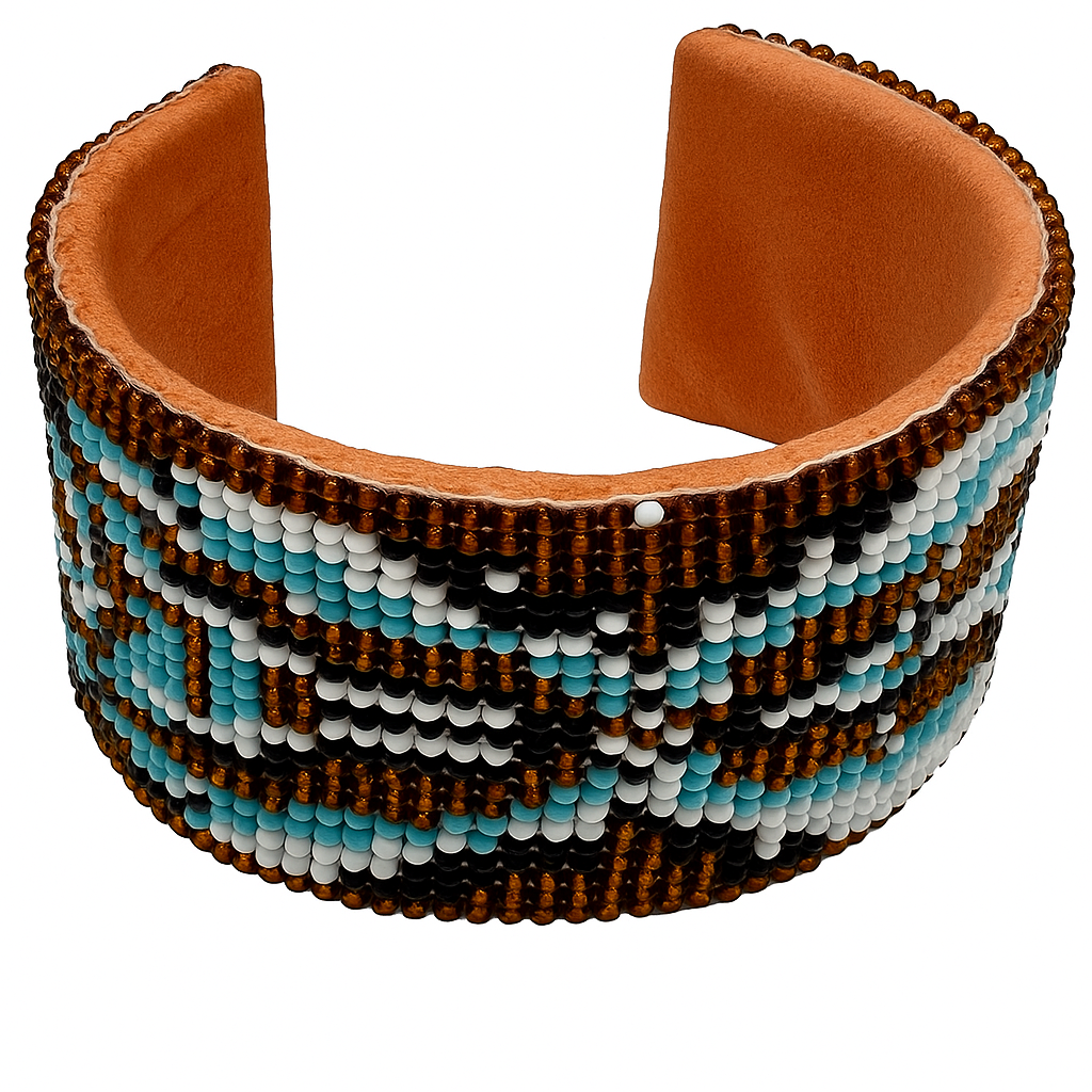 Handmade Beaded Cuff Bracelet – Brown, Turquoise & White 1.5”