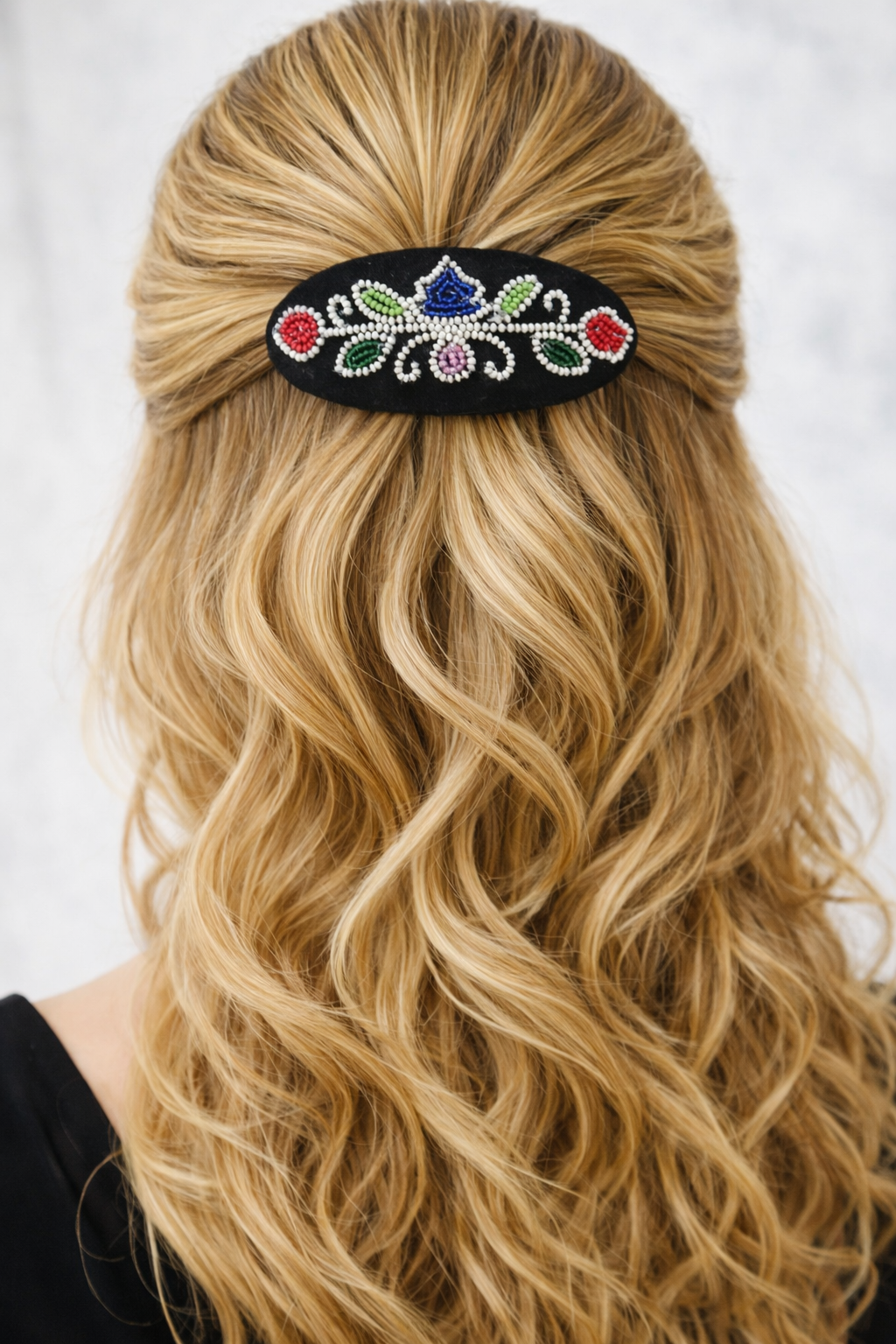 Handmade Beaded Hair Barrette – Czech Seed Beads, Black Floral Design, French Clip