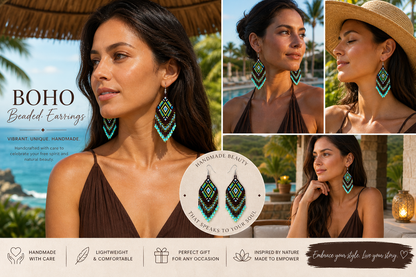 Bohemian Turquoise &amp; Green Seed Bead Earrings