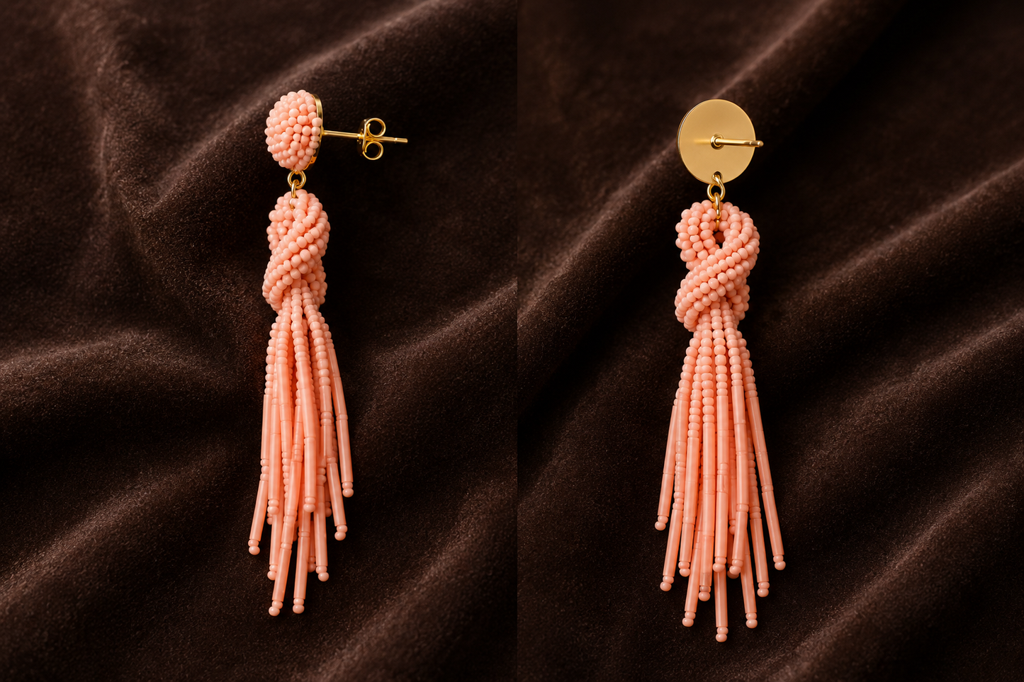 Handmade Beaded Solid Color Post Statement Earrings for Women All Season - 4 inch Long Dangle with Celtic Knot Design - Czech Seed Beads - Salmon