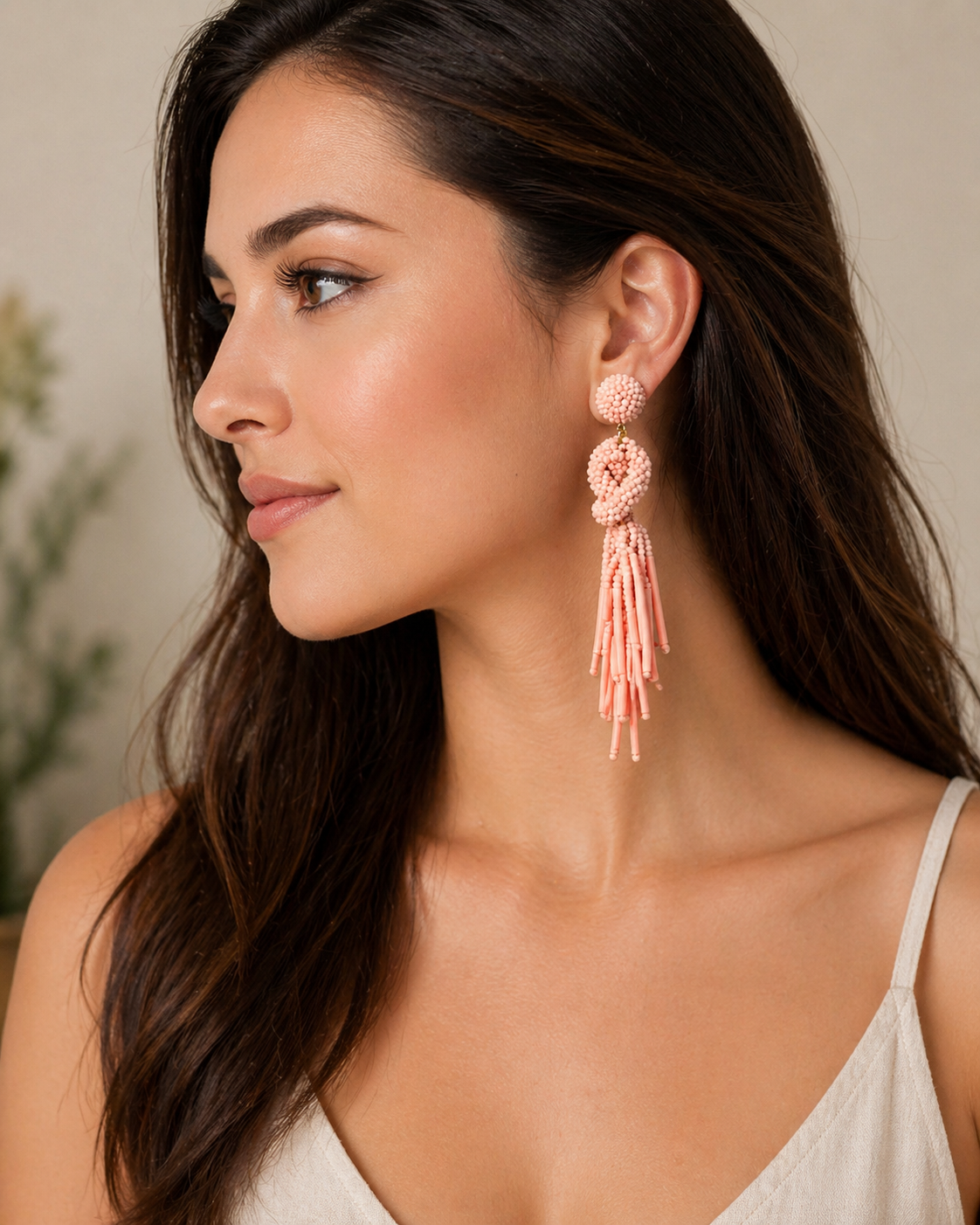 Handmade Beaded Solid Color Post Statement Earrings for Women All Season - 4 inch Long Dangle with Celtic Knot Design - Czech Seed Beads - Salmon
