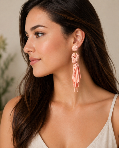 Handmade Beaded Solid Color Post Statement Earrings for Women All Season - 4 inch Long Dangle with Celtic Knot Design - Czech Seed Beads - Salmon