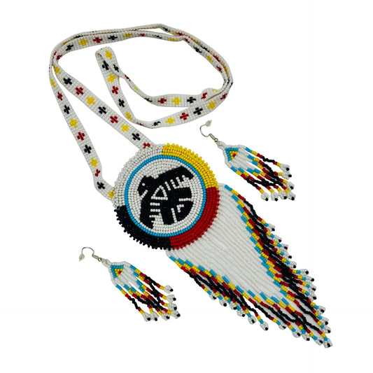 Handmade Beaded Necklace Earrings Set with 2-3 Inch Rosette Pendant - 4 Direction Thunderbird