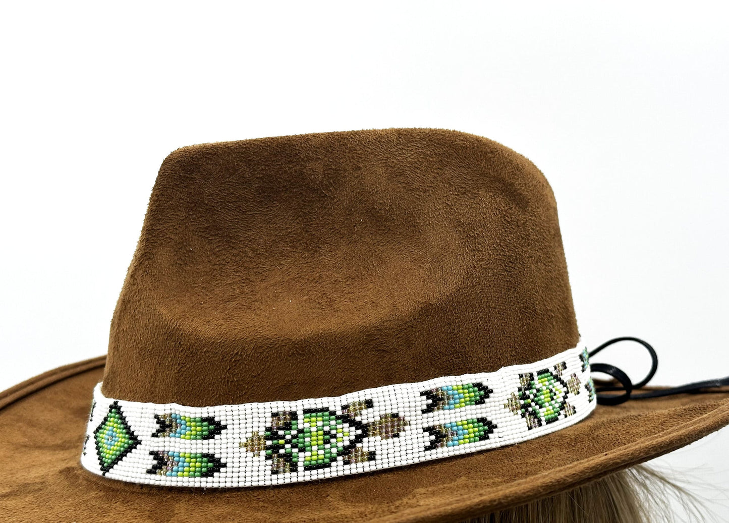 Handmade Loom Beaded Green Black White Turtle Cowboy Hatband - Adjustable 1-Inch Hatband