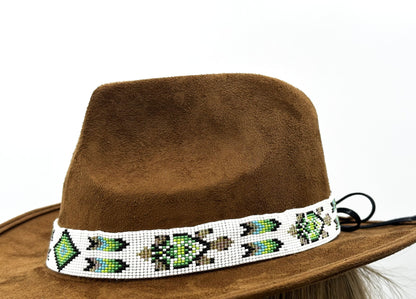 Handmade Loom Beaded Green Black White Turtle Cowboy Hatband - Adjustable 1-Inch Hatband