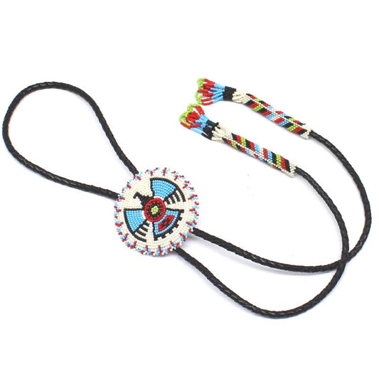 Handmade Cream Thunderbird Leather Bolo Tie with Beading, Adjustable Necklace Cord