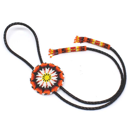 Handmade Beaded Orange Sunburst Leather Bolo Tie | Adjustable Length