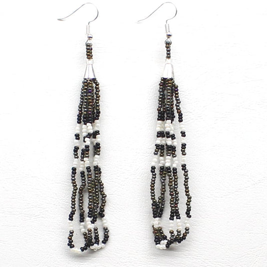 Handmade beaded long Iris Black hook earrings