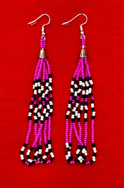 Handmade beaded long Fuchsia hook earrings