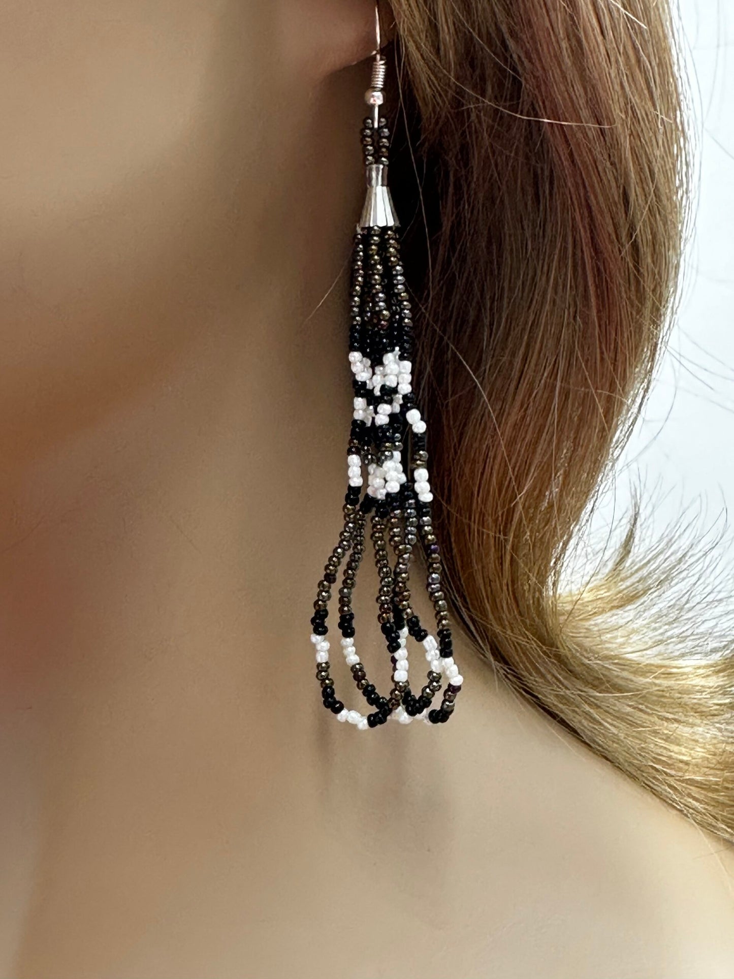 Handmade beaded long Iris Black hook earrings