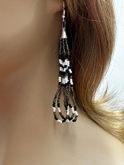 Handmade beaded long Iris Black hook earrings