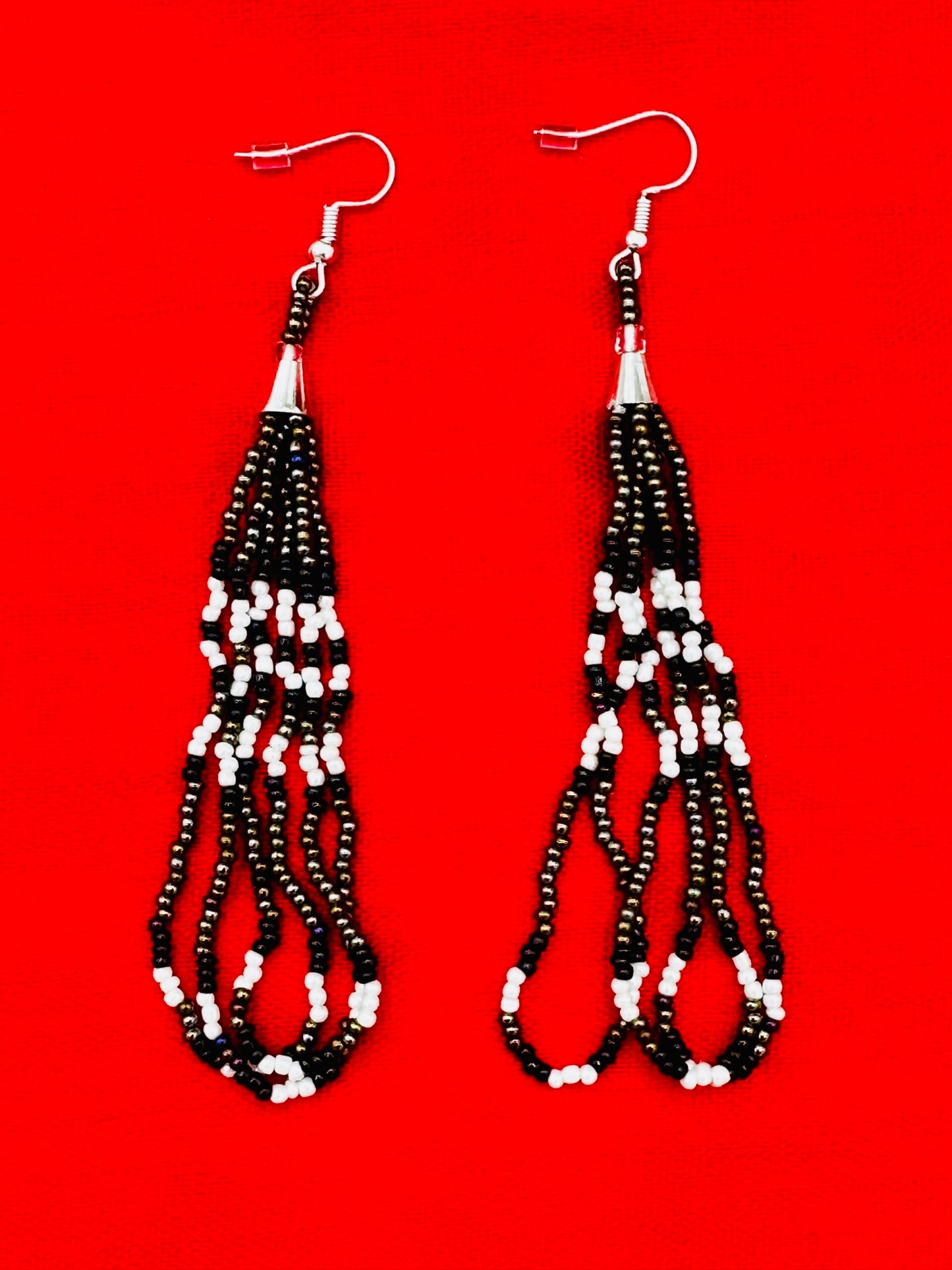 Handmade beaded long Iris Black hook earrings