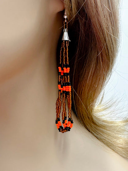 Handmade beaded long Copper Orange hook earrings