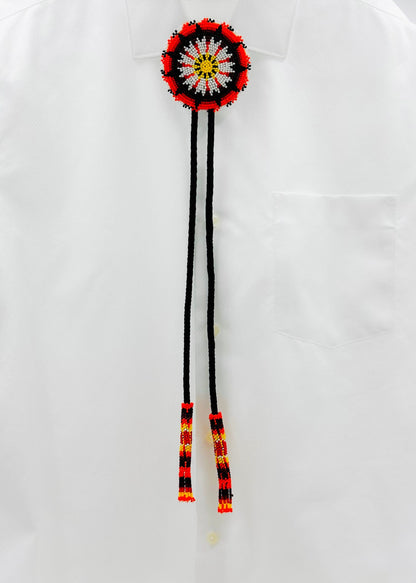 Handmade Beaded Orange Sunburst Leather Bolo Tie | Adjustable Length