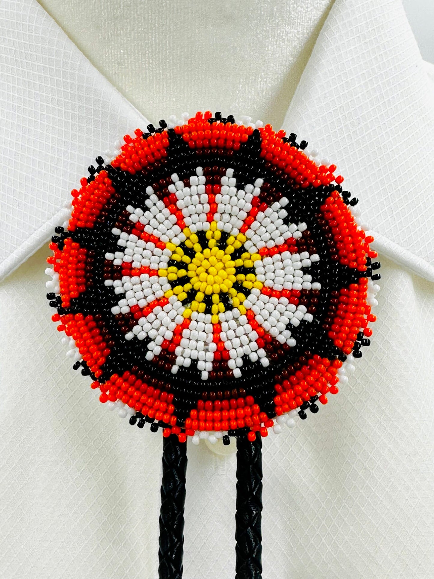 Handmade Beaded Orange Sunburst Leather Bolo Tie | Adjustable Length