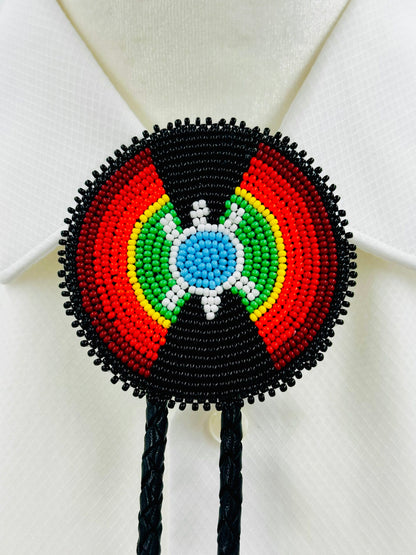 Handmade beaded Black leather Turtle Bolo Tie