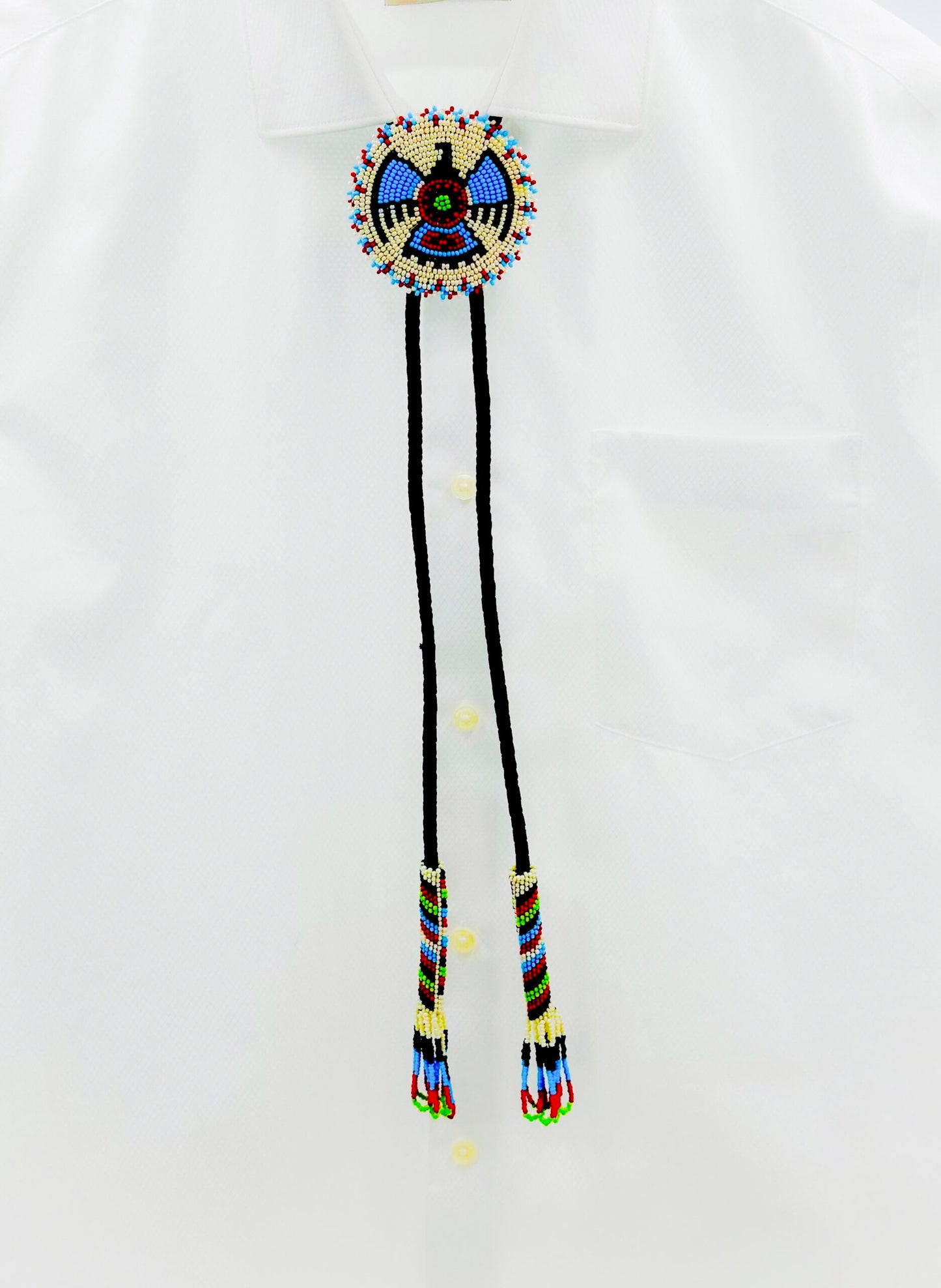 Handmade Cream Thunderbird Leather Bolo Tie with Beading, Adjustable Necklace Cord