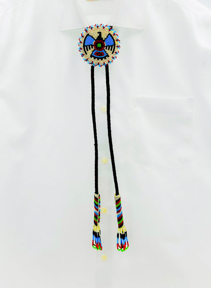 Handmade Cream Thunderbird Leather Bolo Tie with Beading, Adjustable Necklace Cord