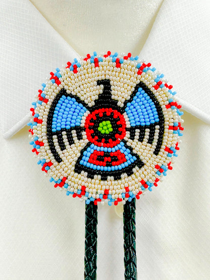 Handmade Cream Thunderbird Leather Bolo Tie with Beading, Adjustable Necklace Cord
