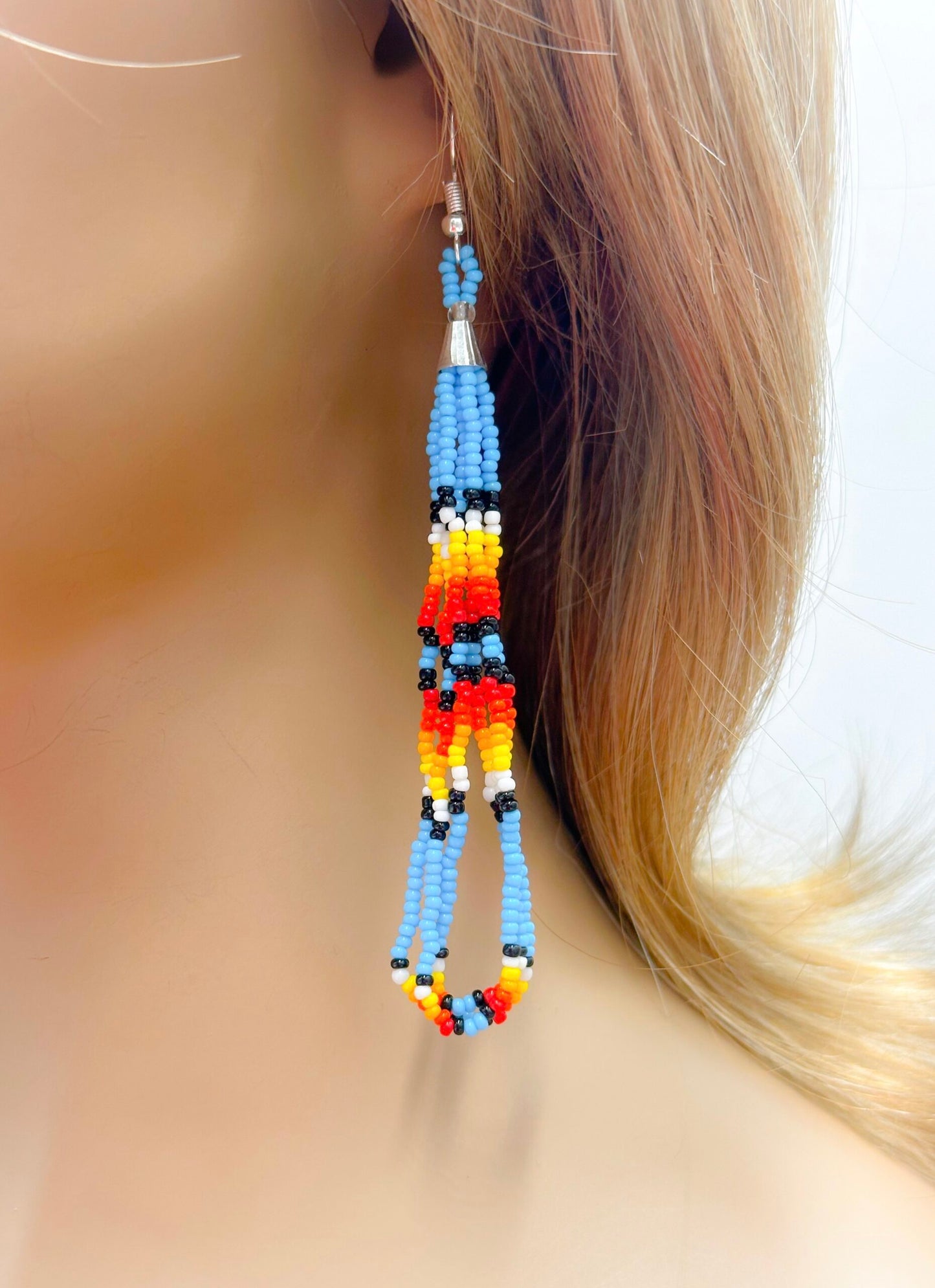Handmade beaded long Cyan Blue hook earrings