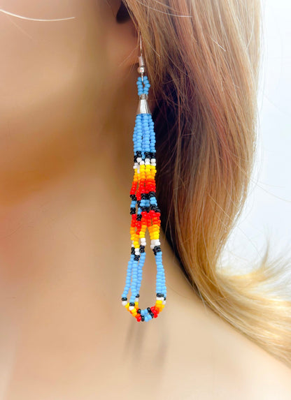 Handmade beaded long Cyan Blue hook earrings
