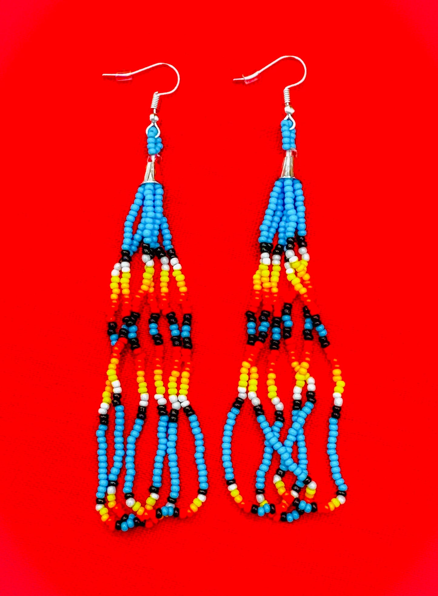 Handmade beaded long Cyan Blue hook earrings