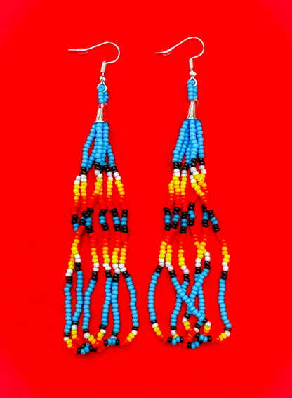 Handmade beaded long Cyan Blue hook earrings