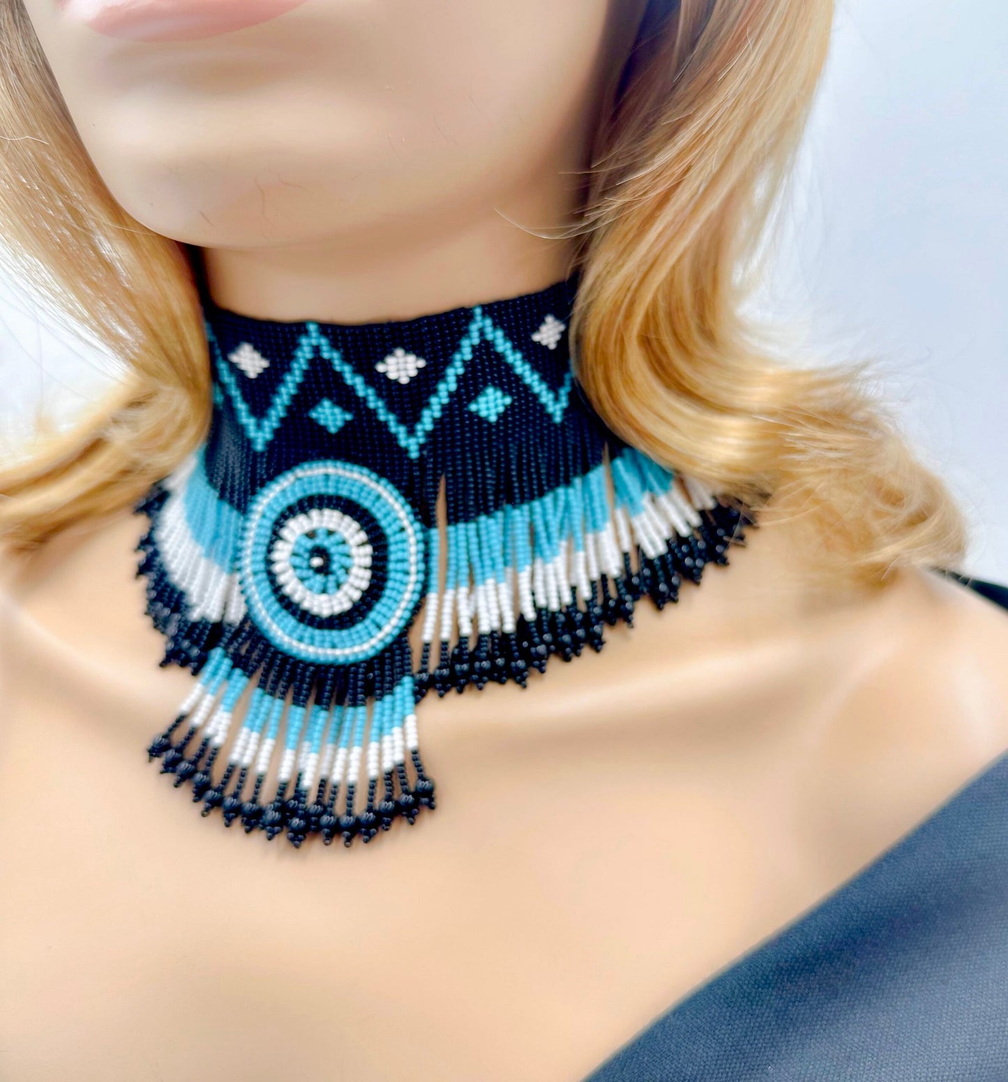 Cyan Blue & Black Native Style Beaded Choker