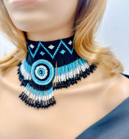 Cyan Blue & Black Native Style Beaded Choker