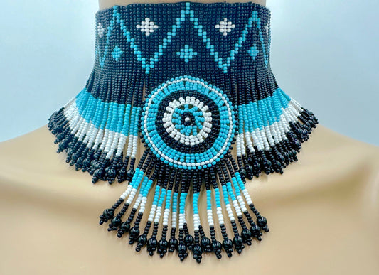Cyan Blue & Black Native Style Beaded Choker
