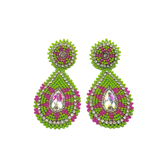 Handcrafted beaded Green Pink teardrop ethnic post earrings