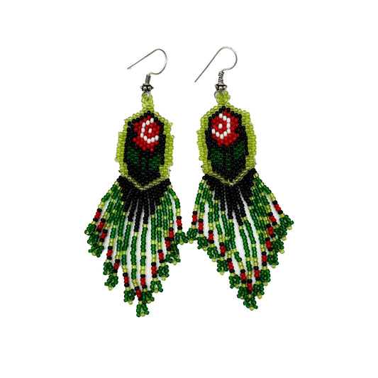 Handmade beaded Rose green Red dangle hook earrings