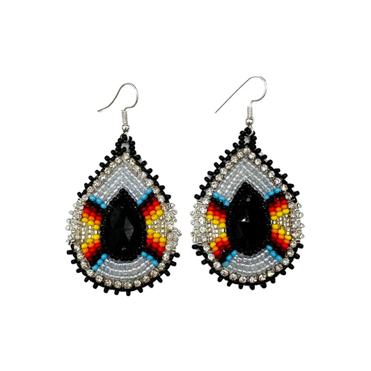Handcrafted beaded Black Gray ethnic teardrop hook earrings