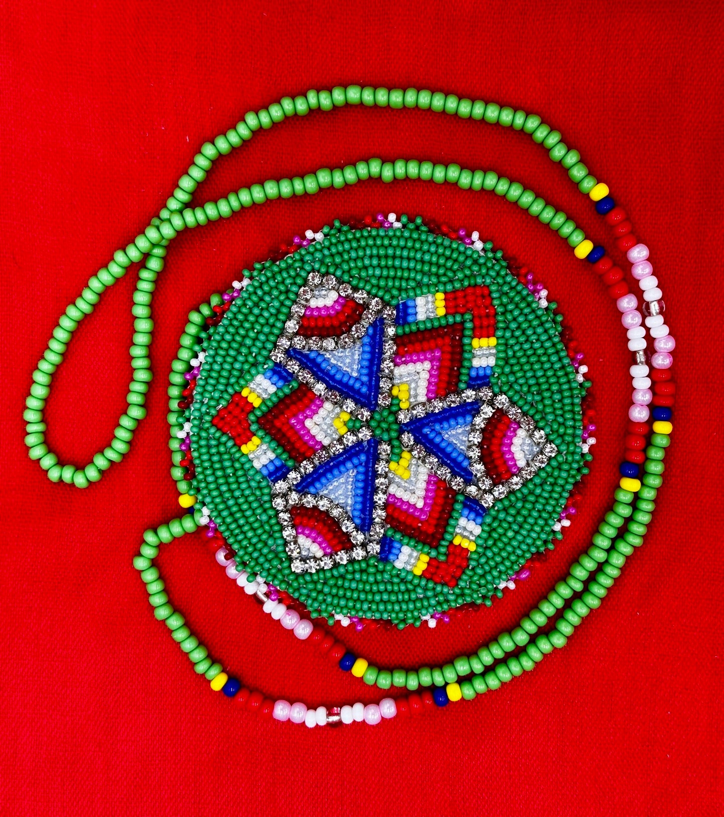 Handmade beaded Green Red Star necklace earrings set