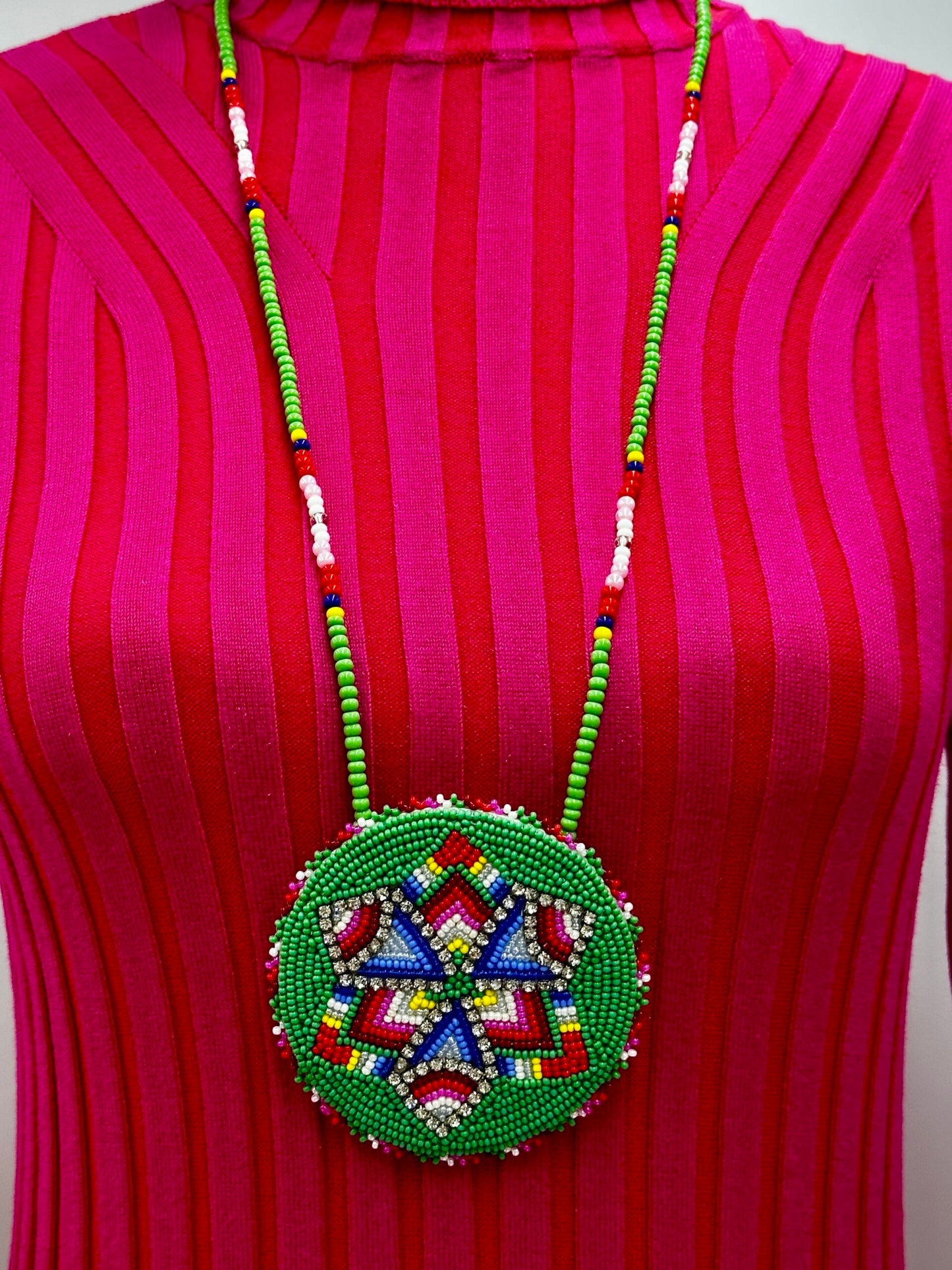 Handmade beaded Green Red Star necklace earrings set