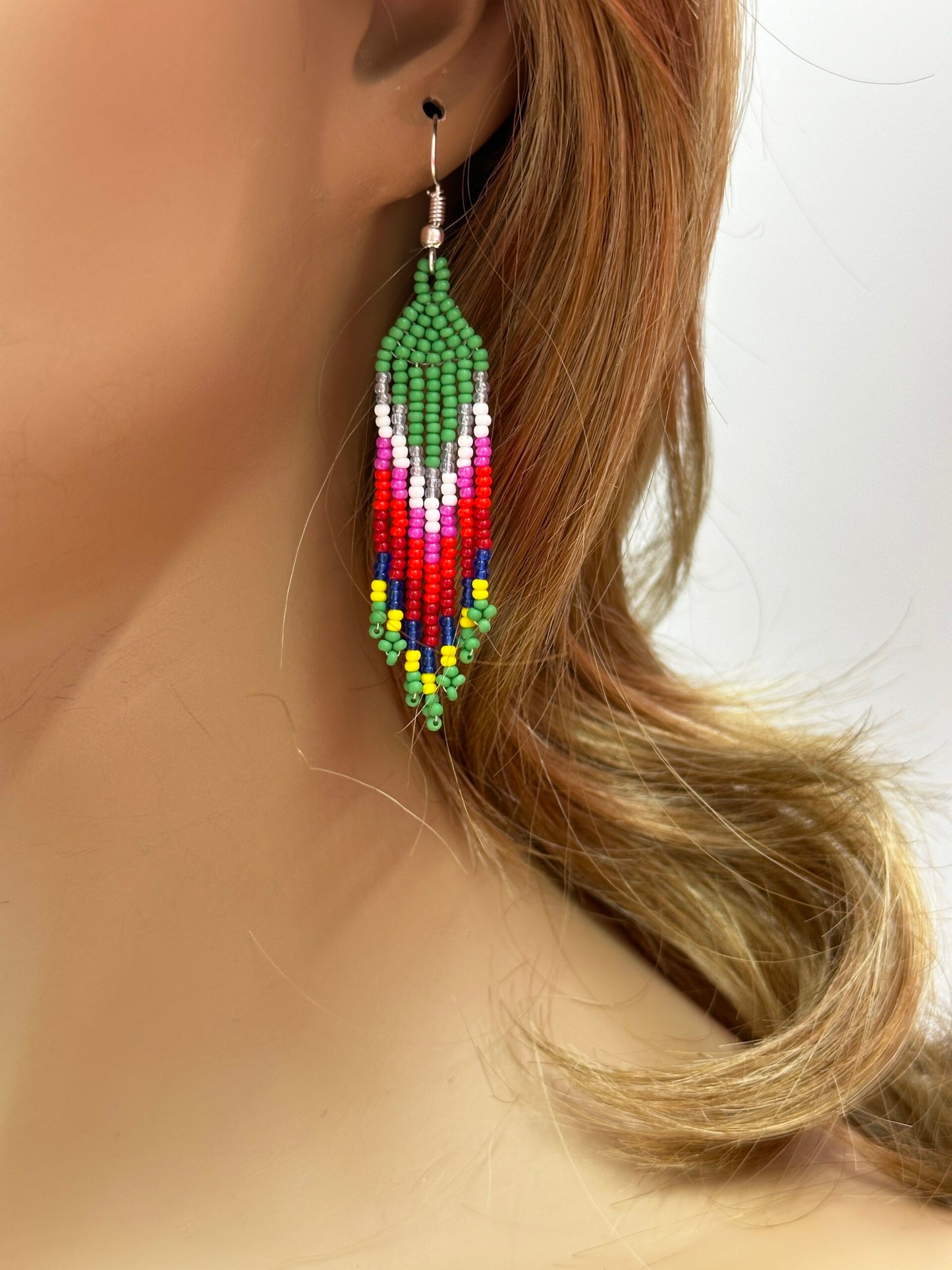 Handmade beaded Green Red Star necklace earrings set