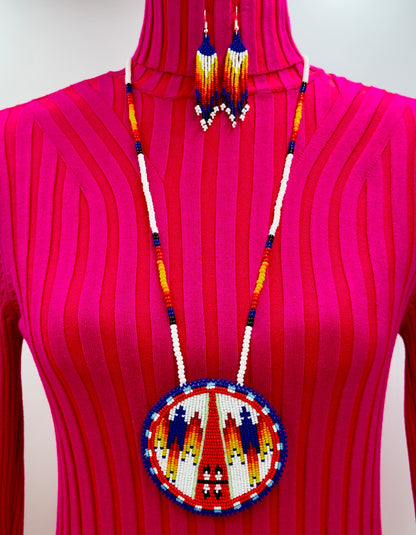 Handmade beaded White Deep blue medallion necklace earrings set