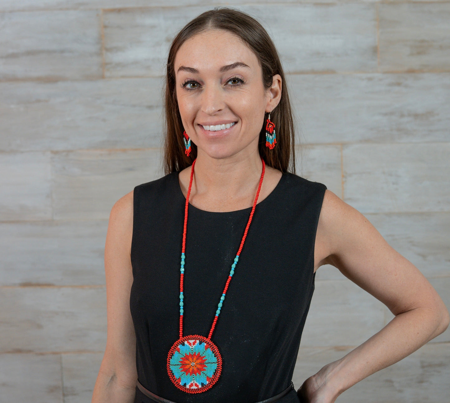 Handmade beaded Red Flower necklace earrings set