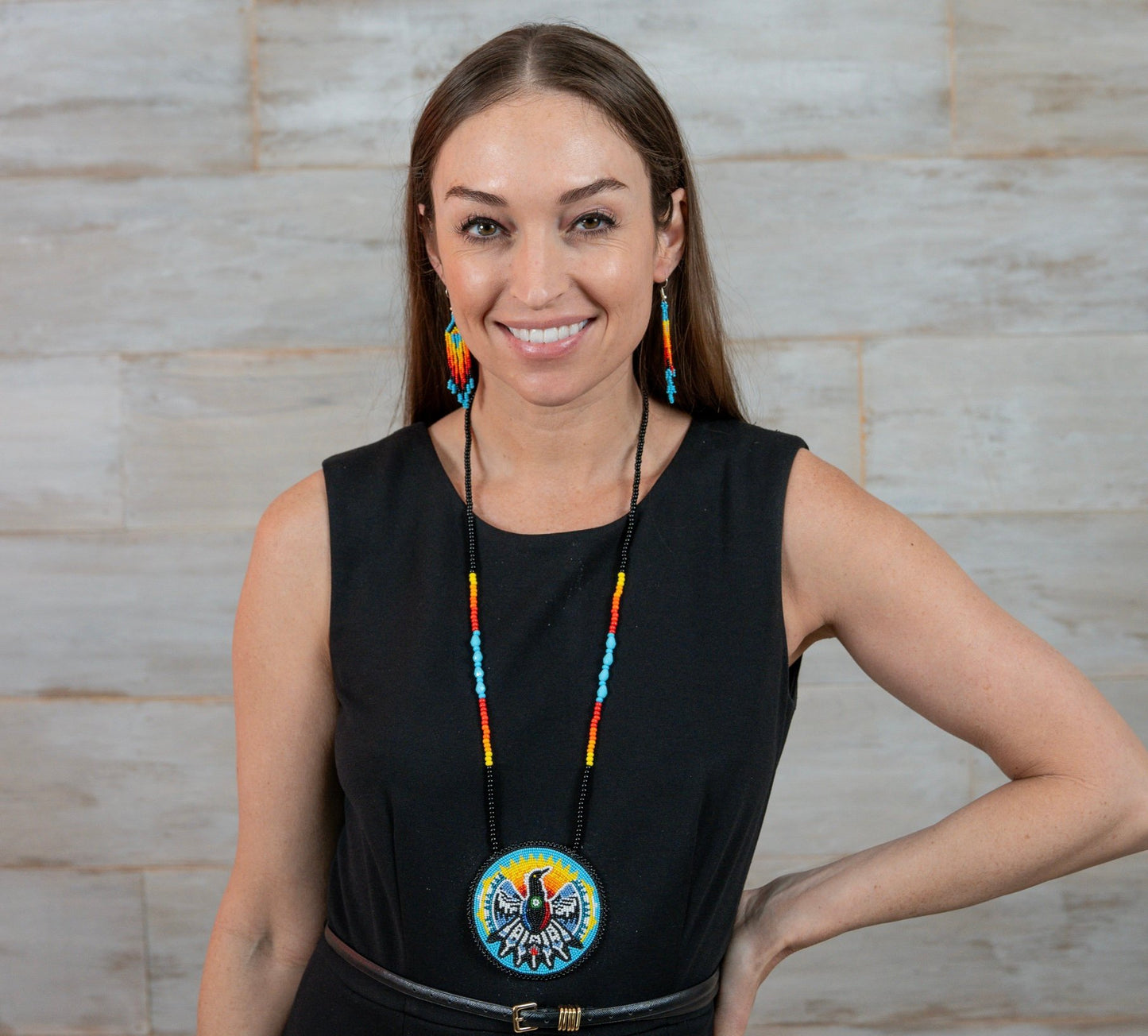 Handmade beaded Black Cyan Blue Eagle necklace earrings set