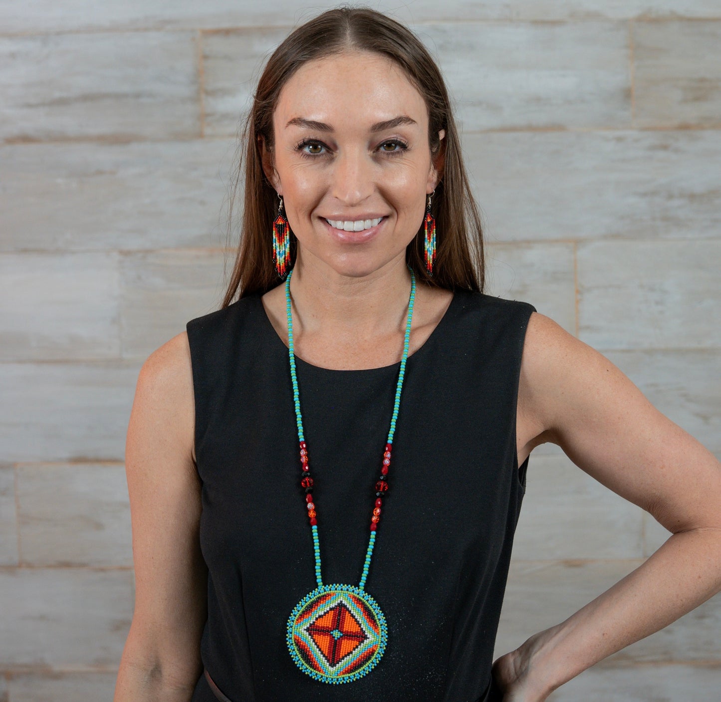 Handmade beaded Green Orange medallion necklace earrings set