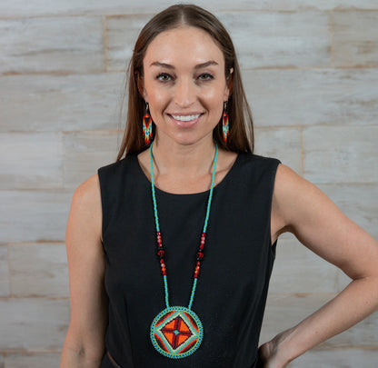 Handmade beaded Green Orange medallion necklace earrings set