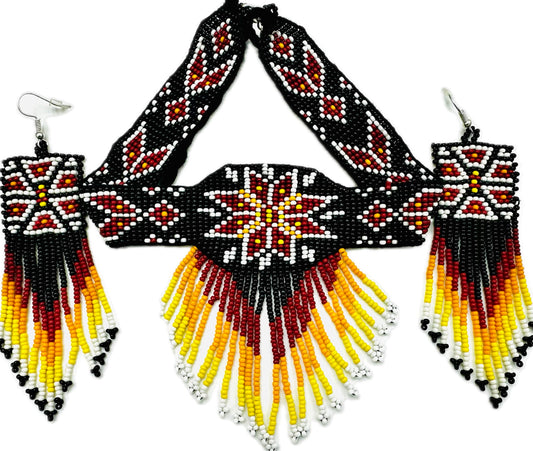 Handmade beaded Black Fire Star necklace earrings set