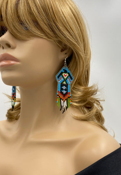 Handmade Blue Black Beaded Thunderbird Earrings