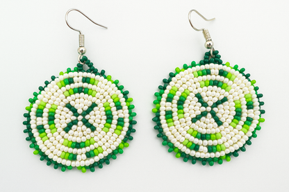 Handmade beaded 4" Green Flower/Starburst necklace Earrings set