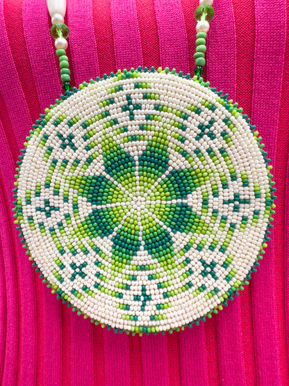 Handmade beaded 4" Green Flower/Starburst necklace Earrings set