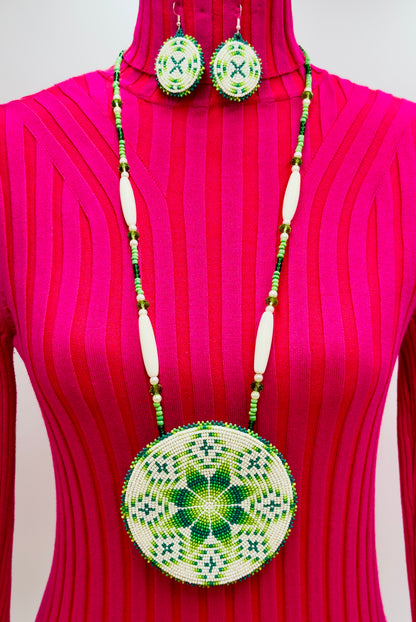 Handmade beaded 4" Green Flower/Starburst necklace Earrings set