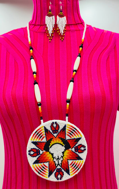Handmade White Red Beaded Necklace Earrings Set with Pendant